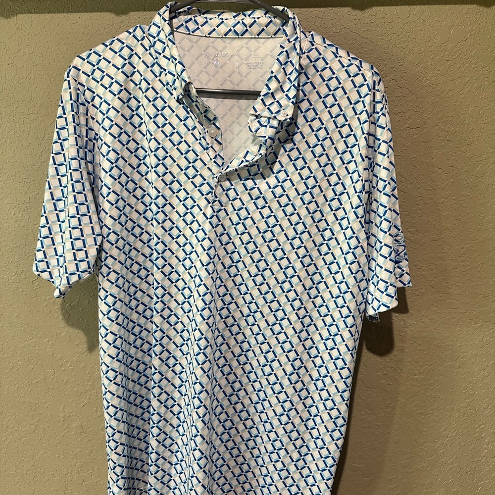 Antigua White Polo with Blue Geometric Print